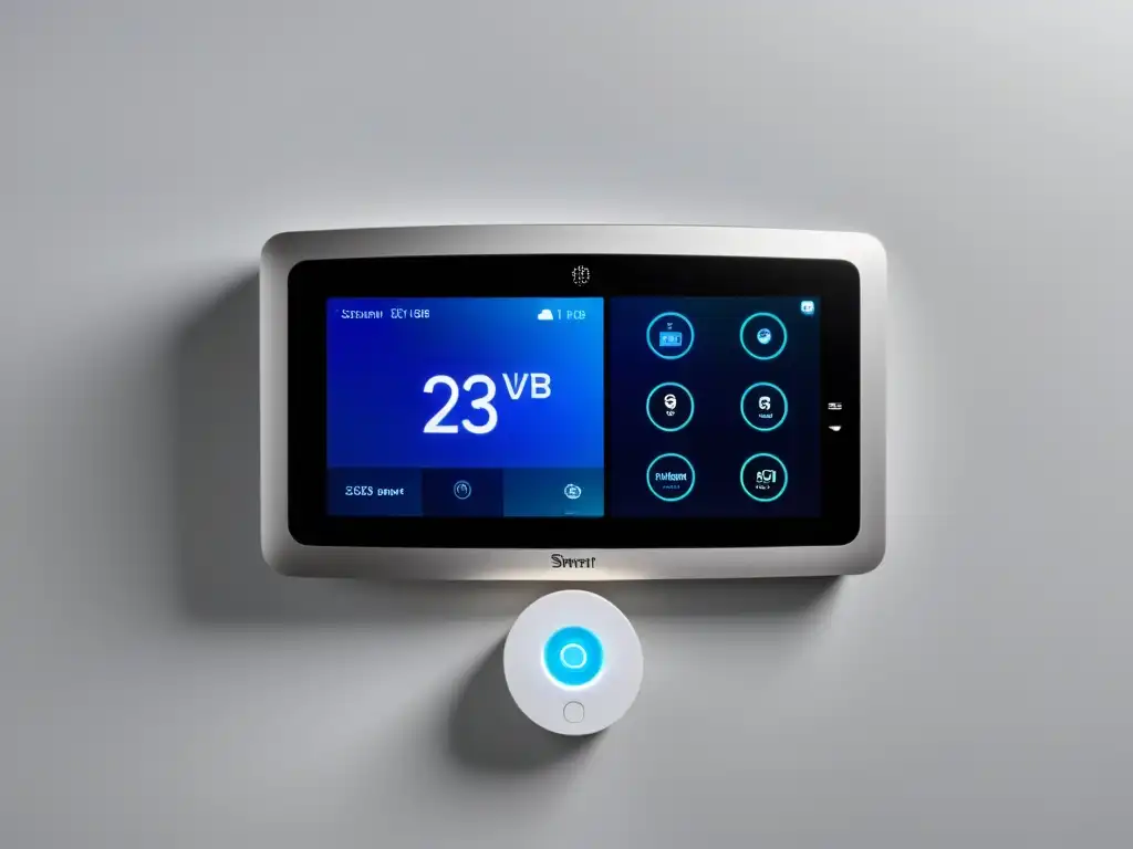 Sistema de seguridad inteligente para hogares modernos Un sistema de seguridad domótica moderno y elegante con dispositivos interconectados en un hogar minimalista