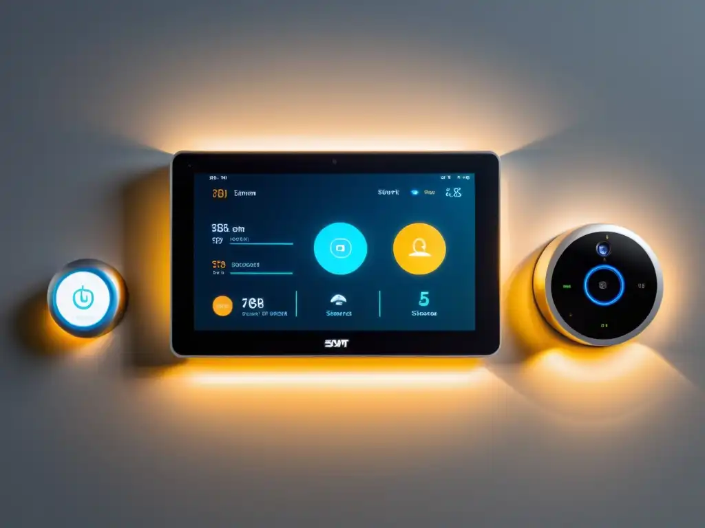 Moderno sistema de seguridad para hogar inteligente con tecnología futurista Un sistema de seguridad domótica moderno en un hogar elegante, con sensores futuristas y dispositivos inteligentes integrados