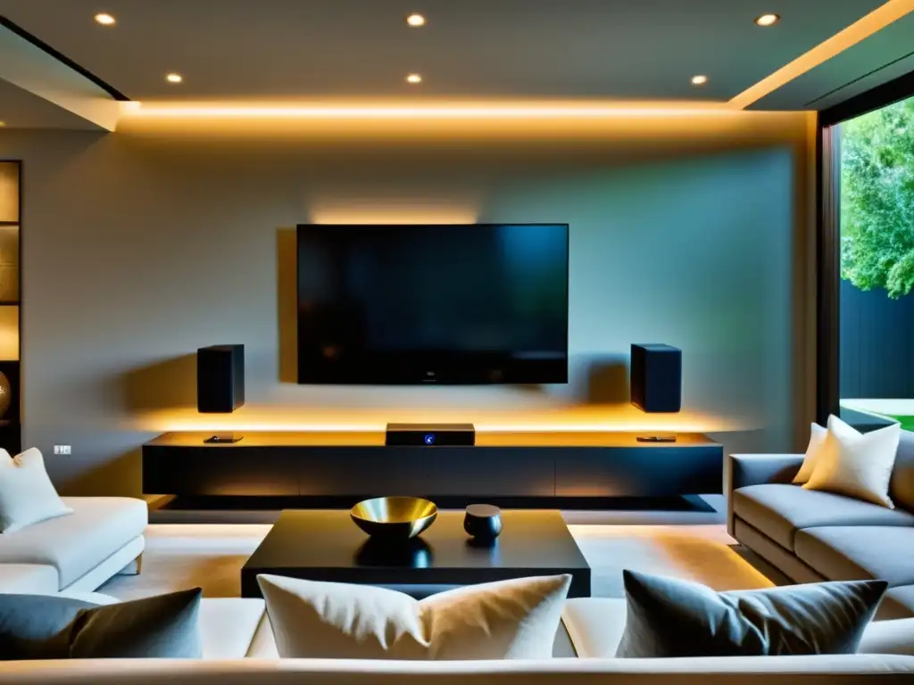 Sistema de entretenimiento moderno en sala contemporánea Sistema de sonido para casa de alta gama en sala moderna y elegante, iluminada con luz cálida