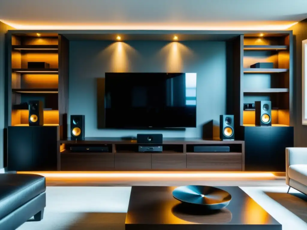 Centro de entretenimiento moderno con sistema de sonido personalizado y TV de alta gama Personaliza sistema de sonido y TV en casa con estilo moderno y minimalista
