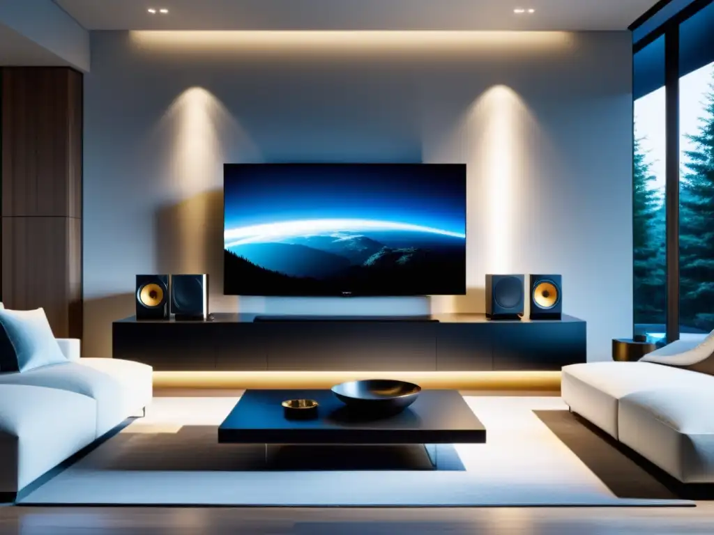 Experiencia audiovisual inmersiva con sistema de entretenimiento moderno Un sistema de sonido para casa moderno, elegante y de alta calidad, integrado en un ambiente acogedor y sofisticado