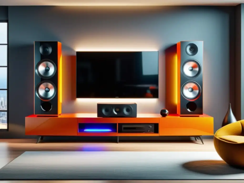 Centro de entretenimiento moderno con sistema de sonido personalizado y TV inteligente Personaliza sistema sonido TV hogar: Entretenimiento moderno con sonido de alta calidad, amplificador de vanguardia y TV inteligente integrada