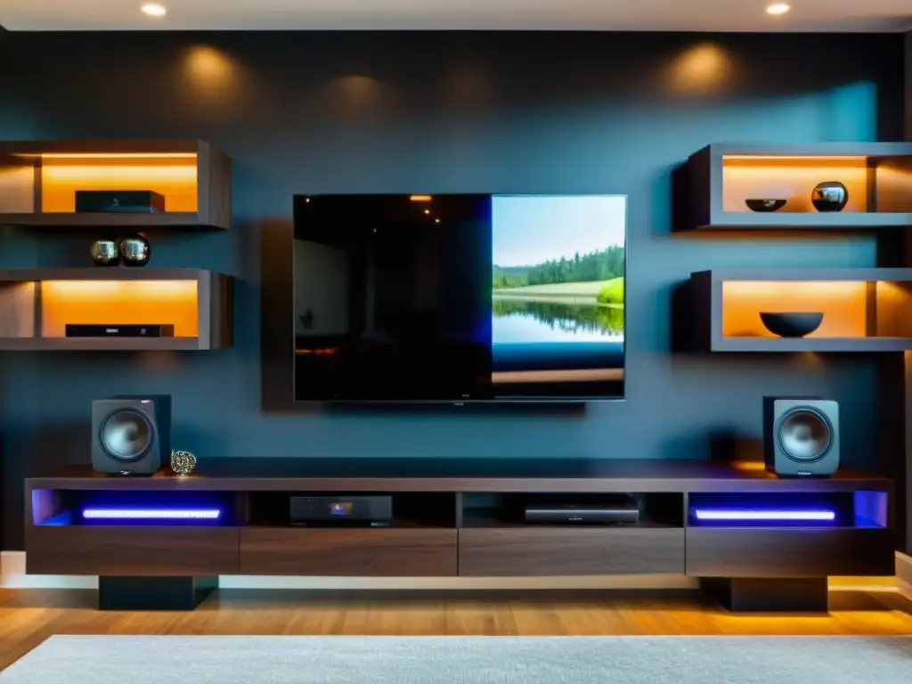 Centro de entretenimiento moderno con sonido personalizado y TV Personaliza sistema sonido TV hogar: Moderno centro de entretenimiento con acabado en madera oscura, líneas minimalistas y luces LED integradas