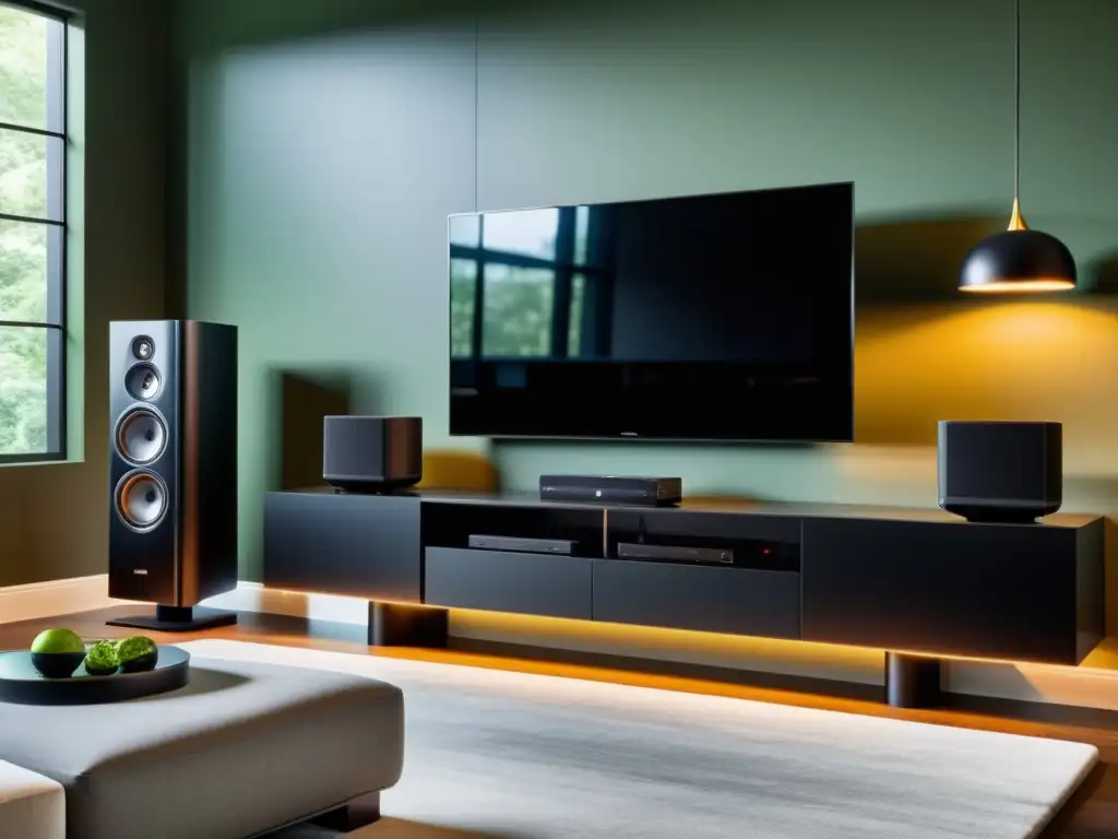 Centro de entretenimiento moderno con sonido personalizado y control inteligente del hogar Personaliza sistema sonido TV hogar en moderno centro de entretenimiento con control inteligente y ambiente sofisticado