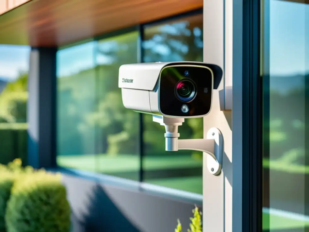 Un sistema de videovigilancia doméstica con inteligencia artificial integrado en una casa contemporánea, resalta seguridad y modernidad