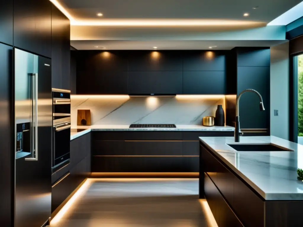 Cocina moderna de lujo con electrodomésticos integrados Sistemas de cocina integrados exclusivos: Cocina moderna y elegante con electrodomésticos de alta gama, encimeras de mármol y diseño minimalista