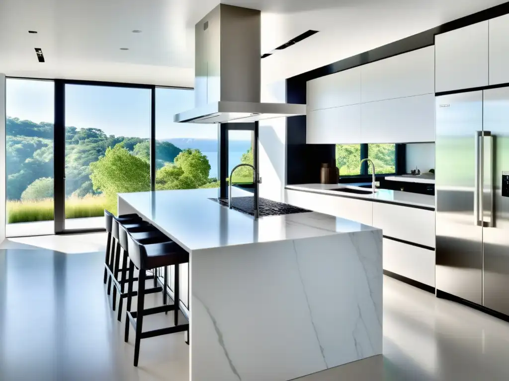 Cocina moderna de lujo con electrodomésticos integrados y diseño exclusivo Sistemas de cocina integrados exclusivos: Cocina moderna con electrodomésticos de acero inoxidable, isla de mármol y luz natural