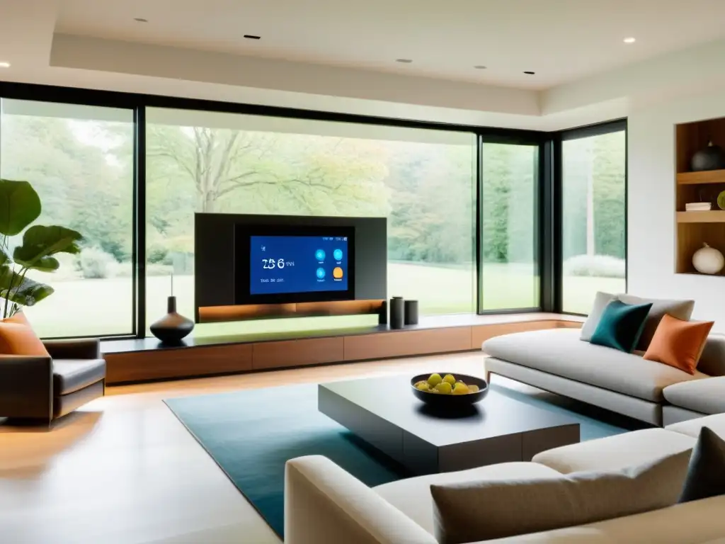 Sistema domótico moderno y ecofriendly en sala de estar Sistemas domóticos ahorro energía hogar: Sala de estar moderna y ecológica con electrodomésticos eficientes y tecnología integrada