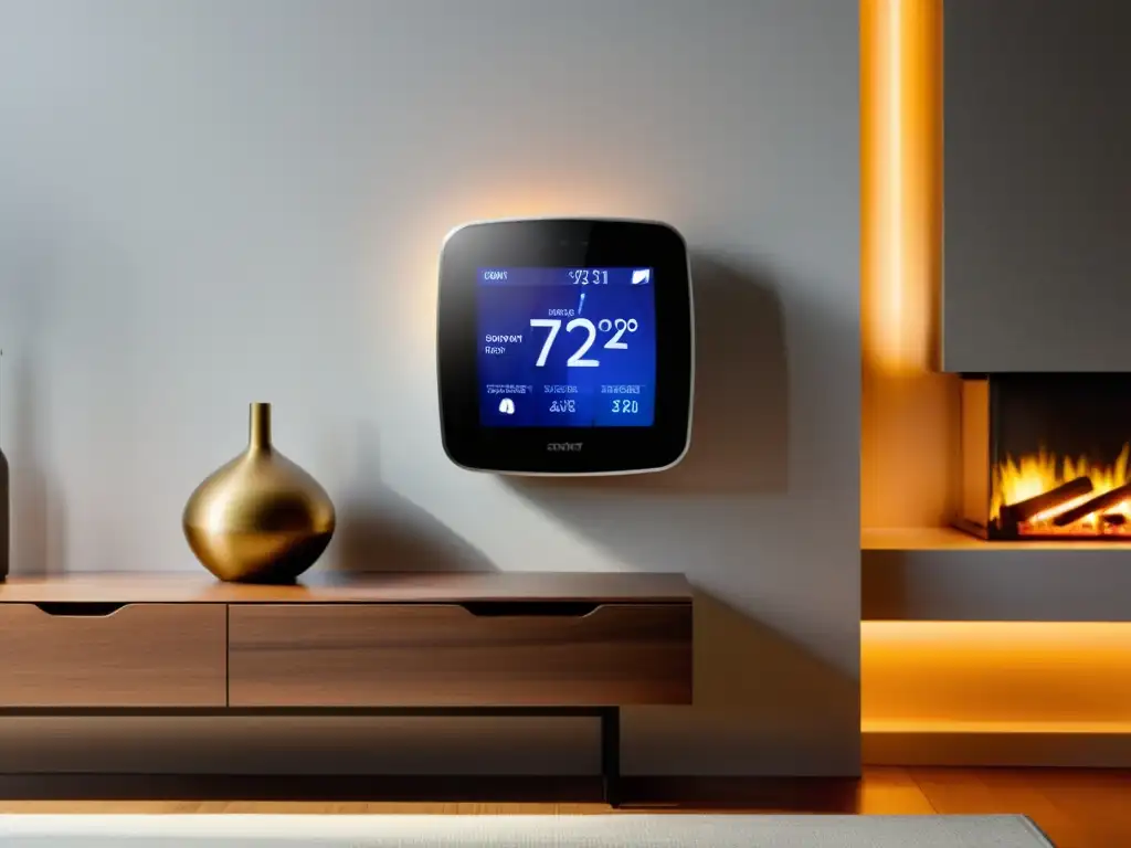 Termostato inteligente: confort y eficiencia en casa Sistemas de calefacción eficiente para hogar: Termostato moderno en sala contemporánea con luz cálida y ambiente acogedor
