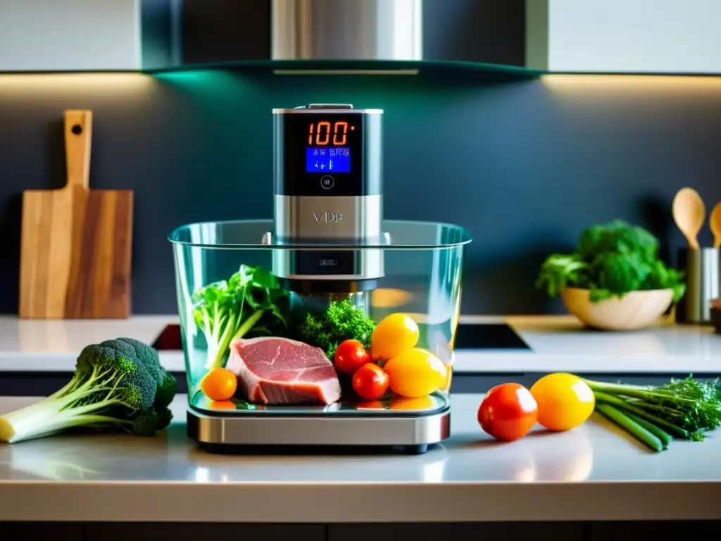 Sous Vide: Cocina de precisión y sofisticación en casa Sistemas de cocción sousvide: Escena moderna de cocina con máquina sous vide, alimentos en baño de agua y elegante iluminación