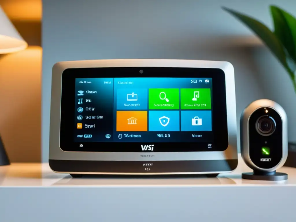 Sistema de seguridad para hogar moderno: tecnología y protección elegante Sistemas innovadores hogar protegido: moderno sistema de seguridad para el hogar con panel de control táctil, cámaras de alta definición y integración con smartphone, en un elegante salón bien amueblado