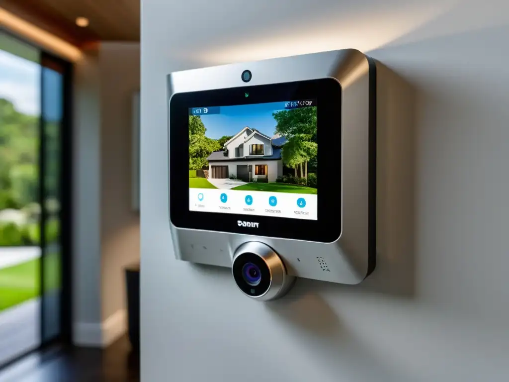 Sistema de seguridad para hogar moderno Sistemas innovadores hogar protegido: Panel de control moderno, cámaras de alta definición y sensores de movimiento integrados en un interior minimalista y elegante