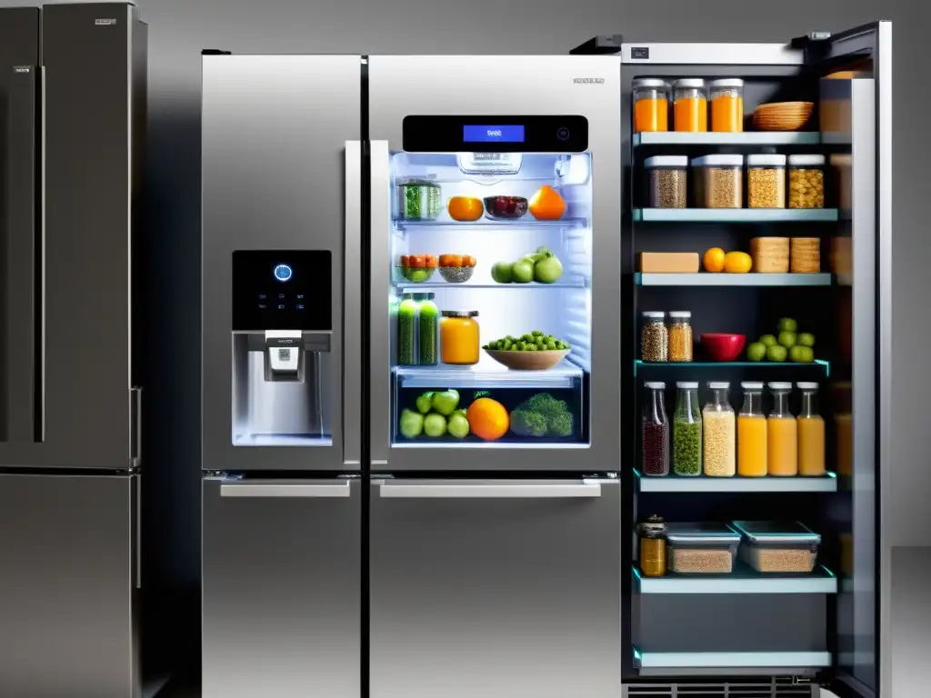 Sistema de organización inteligente para refrigerador y despensa Sistemas de organización inteligente para electrodomésticos: Moderna organización de despensa y refrigerador con tecnología inteligente y diseño minimalista