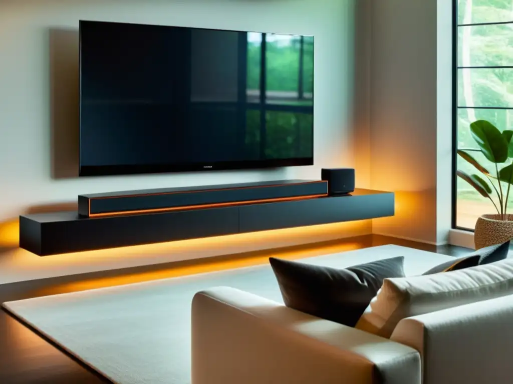 Highend soundbar, subwoofer y altavoces inalámbricos en sala minimalista Sistemas de sonido para casa de alta gama integrados en una sala moderna y elegante, con una estética minimalista y sofisticada