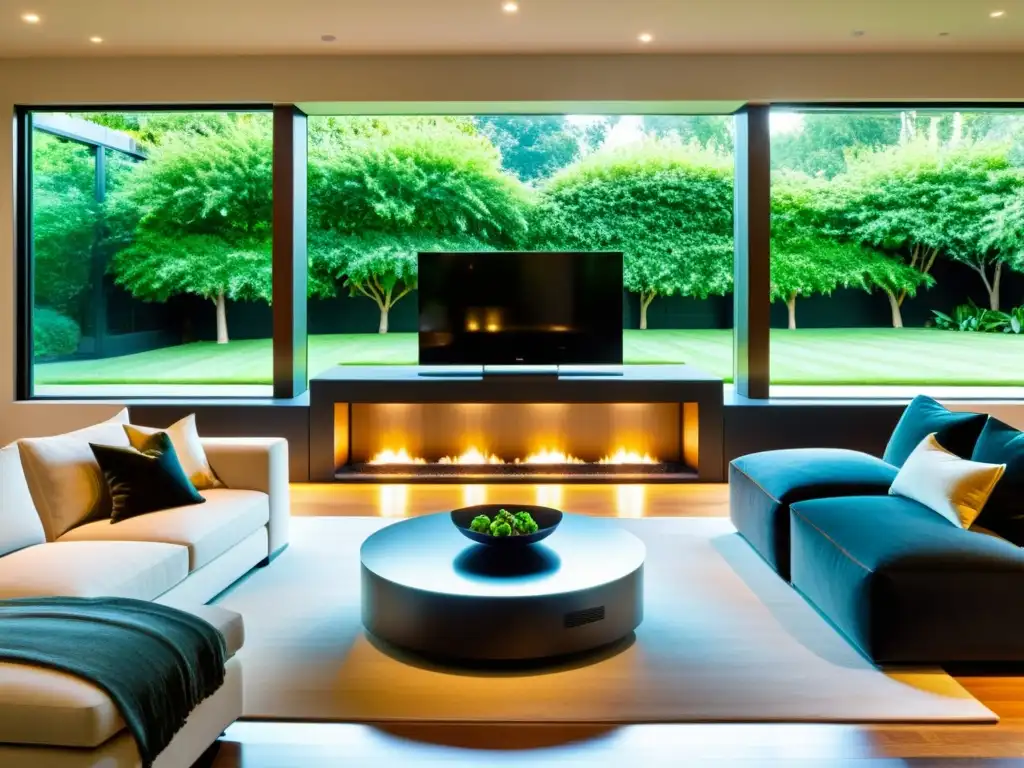 Sala de estar moderna con sistema de audio premium y elegante mobiliario Sistemas de sonido para casa en moderna sala de estar con elegante mobiliario y vistas al jardín, irradiando sofisticación y tecnología de vanguardia