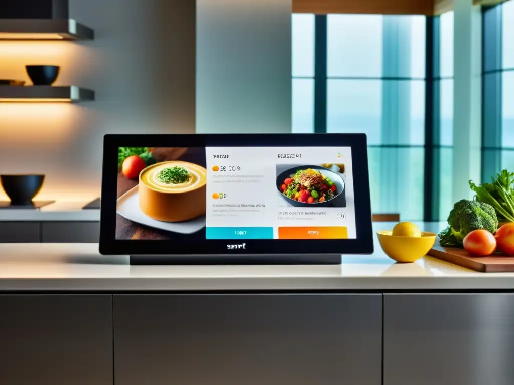 Display inteligente de cocina: recetas HD y diseño sofisticado Un smart display moderno muestra una receta gourmet en una cocina contemporánea