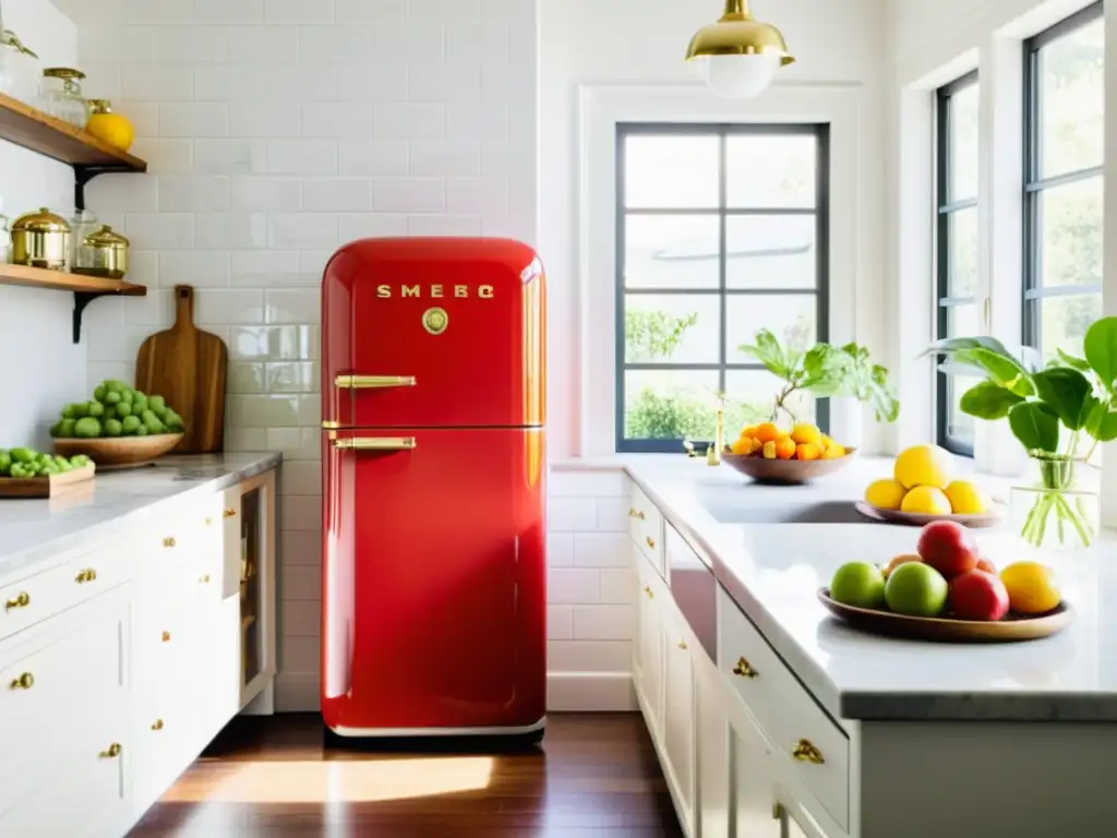 Refrigerador vintage rojo SMEG: un toque retro en la cocina moderna Un SMEG rojo vintage restaurado en una cocina luminosa y moderna