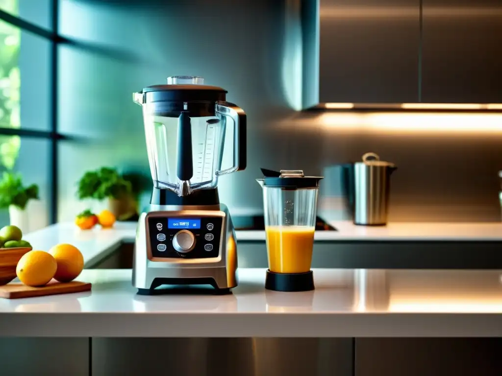 Cocina moderna: mano segura con licuadora de última generación Preparando un smoothie con un moderno electrodoméstico seguro, cumpliendo con la normativa IEC 60335 electrodomésticos seguros