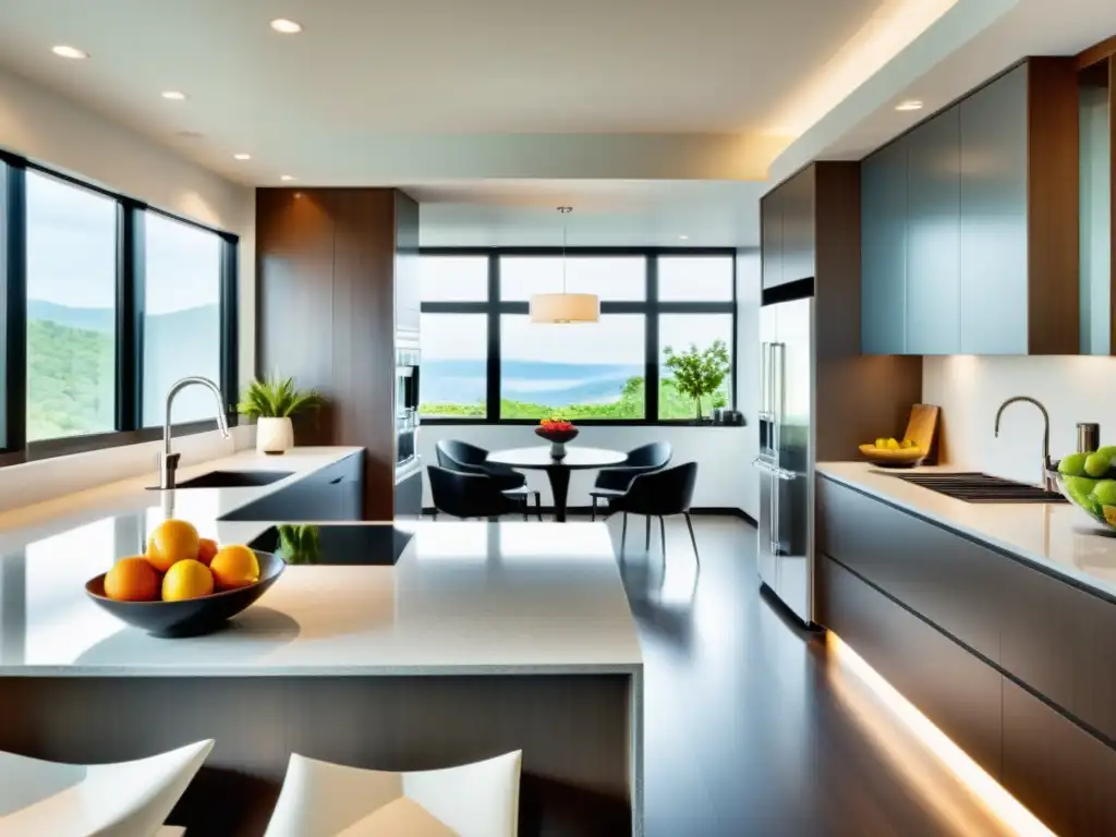 Cocina moderna con electrodomésticos de acero inoxidable y toques cálidos Sofisticada cocina moderna con electrodomésticos de acero inoxidable y encimera de granito, bañada por luz natural y ambiente de lujo práctico