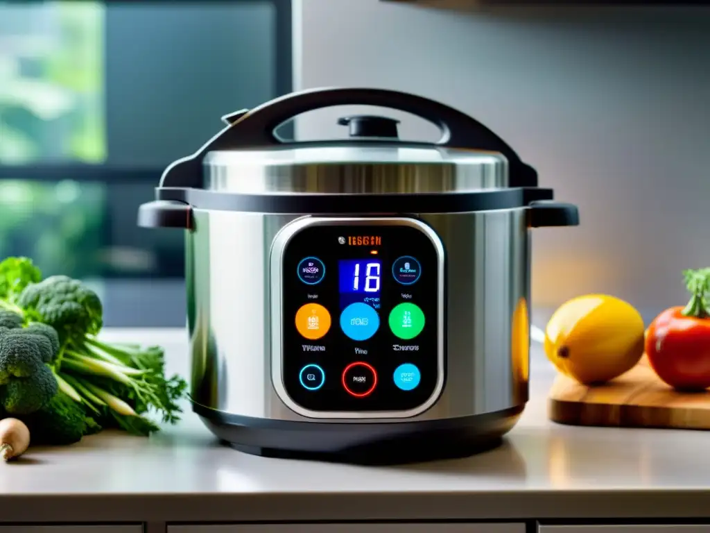 Cocina moderna: Cocina inteligente, ingredientes frescos y tecnología culinaria Software ollas a presión inteligentes en una cocina moderna con ingredientes frescos y coloridos, evocando eficiencia y creatividad culinaria