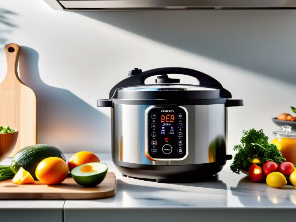 Olla de presión inteligente: cocina moderna y eficiente Software ollas a presión inteligentes: Moderna olla inteligente con pantalla digital y controles táctiles en una cocina luminosa y acogedora