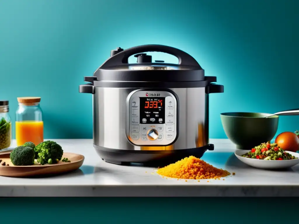 Cocina inteligente: la esencia de la eficiencia culinaria Software ollas a presión inteligentes rodeadas de ingredientes frescos y especias vibrantes en una cocina moderna y sofisticada
