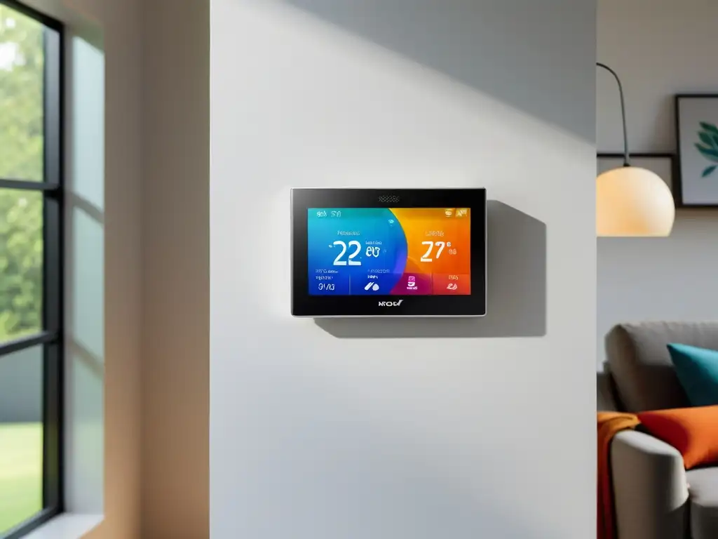 Termostato inteligente de diseño moderno en ambiente acogedor Una solución inteligente de climatización para un hogar moderno y confortable, con pantalla táctil vibrante y gráficos de uso de energía