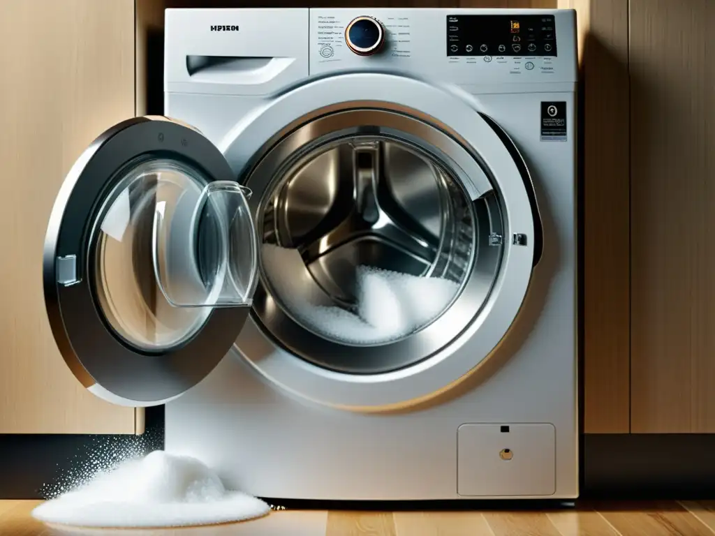 Espectacular rebosante de espuma en lavadora moderna Soluciones para el exceso de espuma en lavadora de carga frontal: dramático derrame de espuma en moderna lavadora con puerta de vidrio
