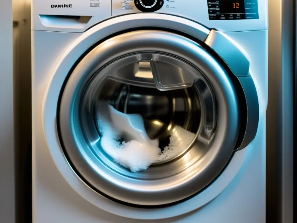 Espuma rebosante: impactante imagen de lavadora moderna Soluciones para el exceso de espuma en lavadoras de carga frontal: impactante imagen de espuma blanca desbordante en una moderna lavadora, resaltando el problema de forma visualmente atractiva