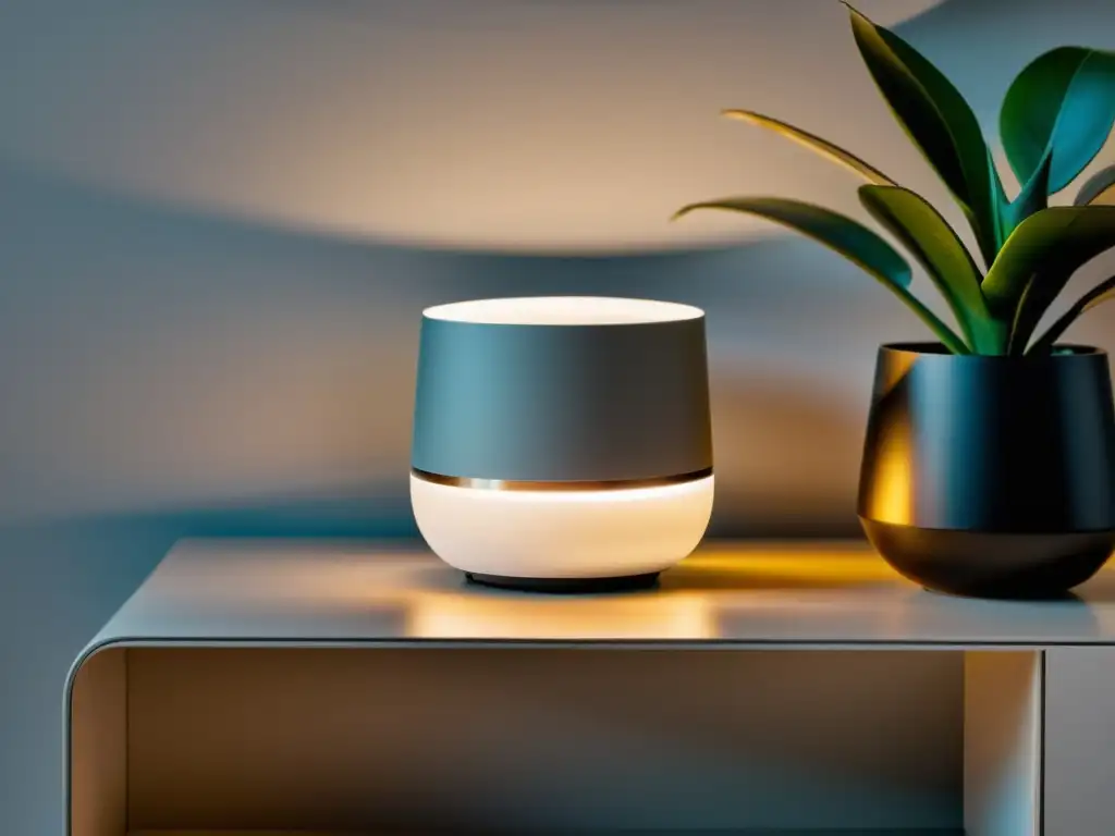 Dispositivo inteligente para hogar moderno en espacio reducido Soluciones tecnológicas para espacios pequeños: dispositivo moderno y compacto en un ambiente minimalista y sofisticado