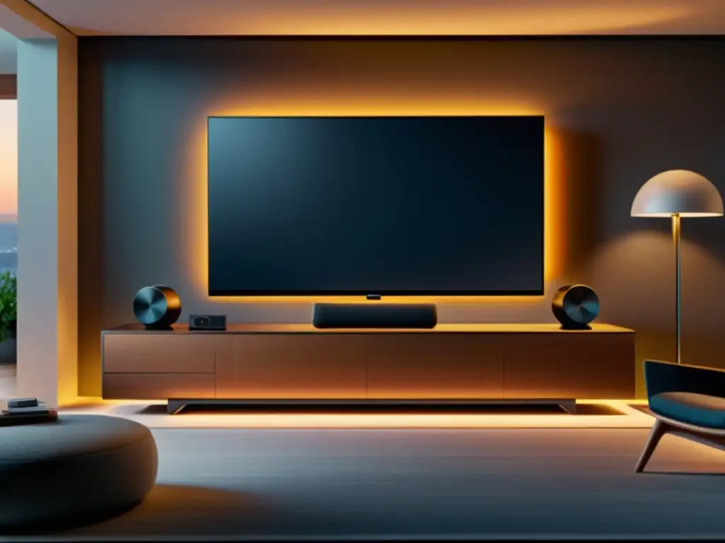 Sistema de entretenimiento doméstico 8K ultramoderno Soluciones tecnológicas para espacios pequeños: Elegante sistema de entretenimiento doméstico con TV 8K montada en la pared, barra de sonido minimalista y dispositivos domésticos inteligentes organizados en un moderno mueble