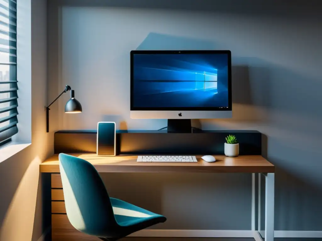 Estación de trabajo moderna y eficiente: diseño compacto y minimalista Soluciones tecnológicas para espacios pequeños: Estación de trabajo moderna y compacta con decoración minimalista y luz natural