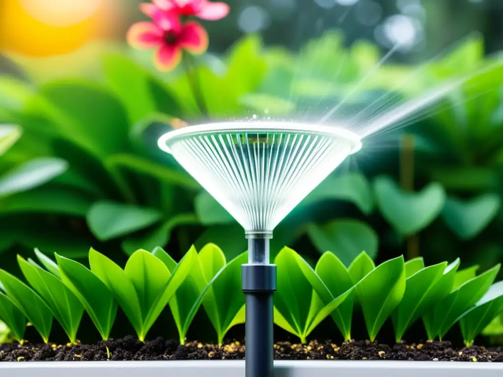Riego inteligente: tecnología en armonía con la naturaleza Soluciones tecnológicas para riego inteligente en un jardín exuberante con moderno sistema de irrigación, tecnología de vanguardia y armonía natural