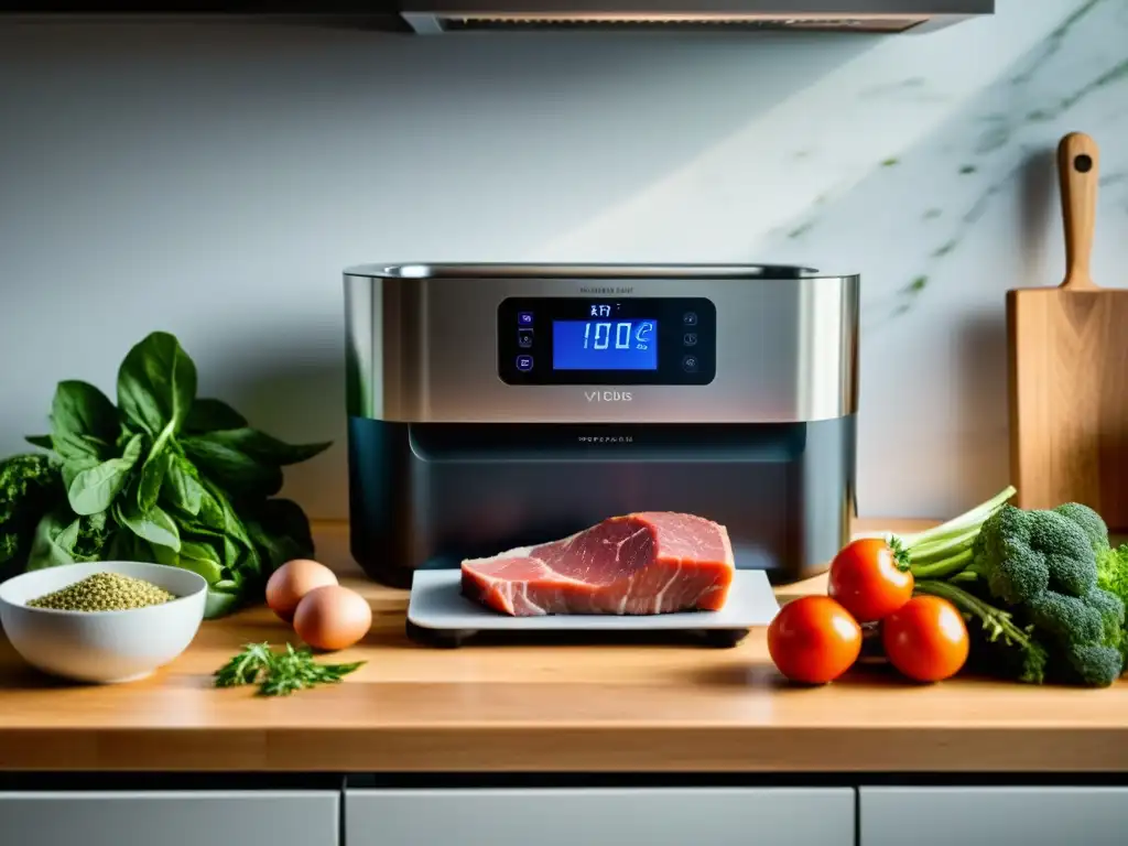 Sous vide en casa: tecnología culinaria moderna en una cocina cálida y acogedora con ingredientes frescos y luz natural suave