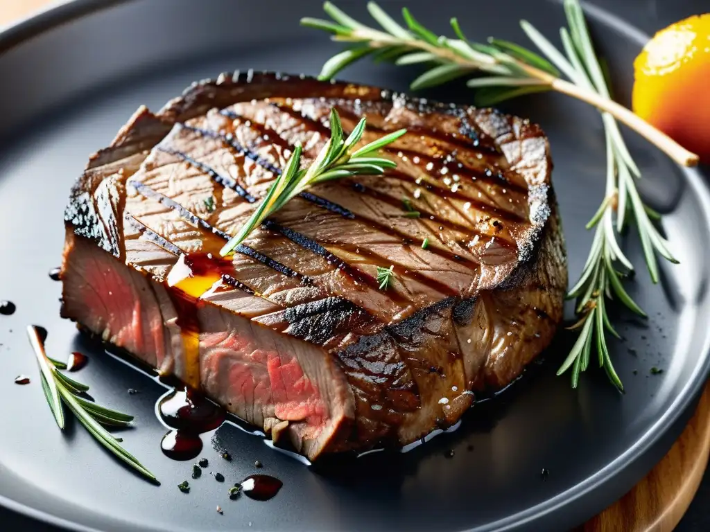 Asado de alta calidad en parrilla eléctrica Una suculenta y perfectamente cocida steak en una moderna barbacoa eléctrica