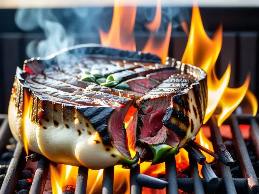 Delicioso filete a la parrilla: carne perfectamente asada en carbón Un suculento filete a la parrilla de carbón, con humo y llamas, capturando la esencia de las barbacoas de carbón vs eléctricas