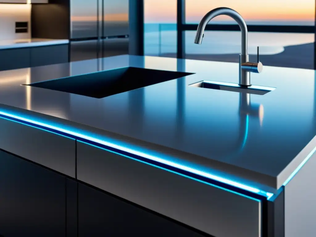 Encimera de cocina ultramoderna con tecnología autolimpiante Superficie reluciente de cocina futurista con tecnología de autolimpieza