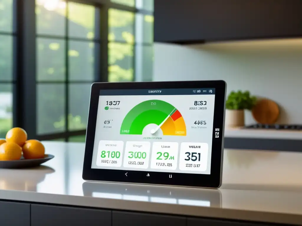 Monitoreo energético para hogares: eficiencia moderna Tableta muestra gestión eficiente consumo energético hogar en cocina moderna bien iluminada