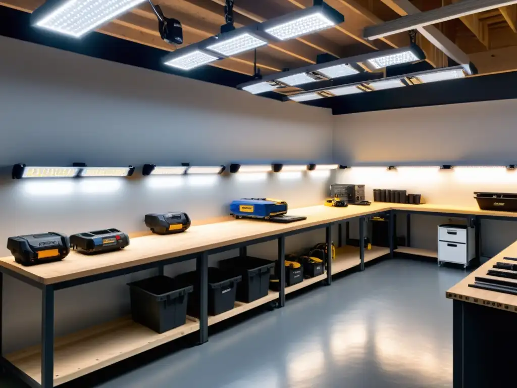 Taller bien iluminado con luces LED para productividad Un taller bien iluminado con focos LED estratégicamente ubicados, creando un ambiente profesional y eficiente