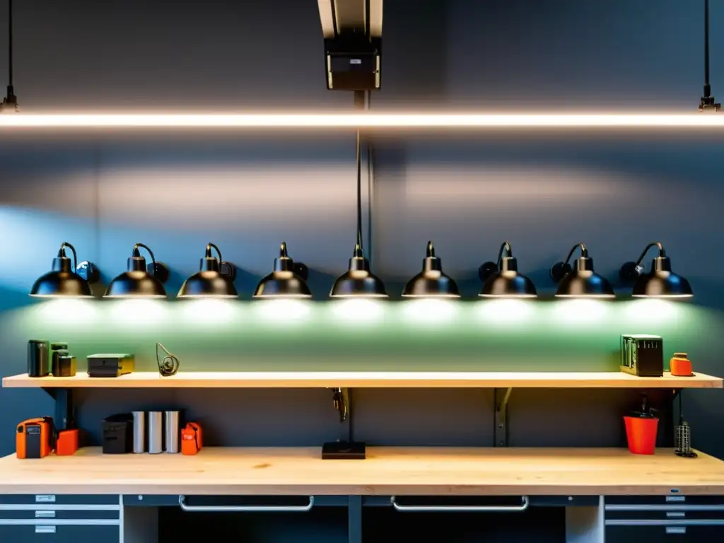 Moderno taller iluminado con luces LED brillantes Un taller iluminado con los mejores focos LED para taller, creando un ambiente eficiente y acogedor