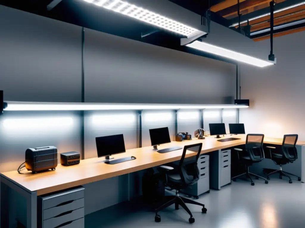 Taller organizado con luces LED: eficiencia y productividad Un taller bien iluminado con modernos focos LED, transmitiendo eficiencia y productividad