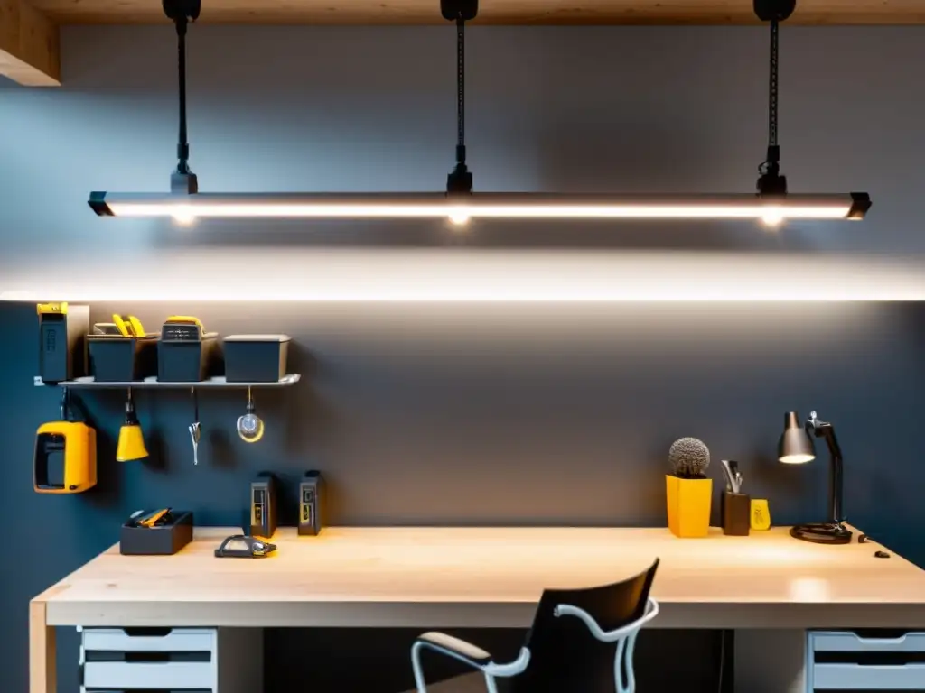 Luminoso taller profesional con modernas luces LED Un taller bien iluminado con modernos focos LED colgando del techo, iluminando una mesa de trabajo ordenada con herramientas