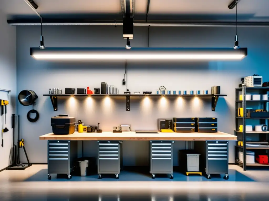 Taller moderno iluminado con luces LED de alta eficiencia Un taller moderno iluminado con los mejores focos LED, resaltando la eficiencia y funcionalidad en un entorno profesional
