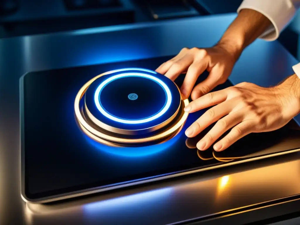 Desmontaje preciso de una cocina de inducción futurista Un técnico desmonta con cuidado una pantalla de cocina de inducción futurista, con piezas y cables visibles, iluminados por una luz suave y enfocada