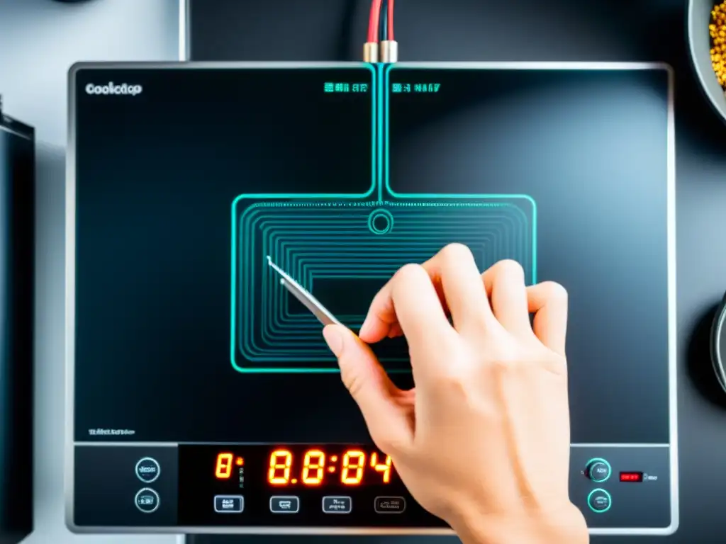 Reparación experta de cooktop de inducción Un técnico repara con destreza la pantalla de una cocina de inducción, destacando la precisión y la tecnología avanzada