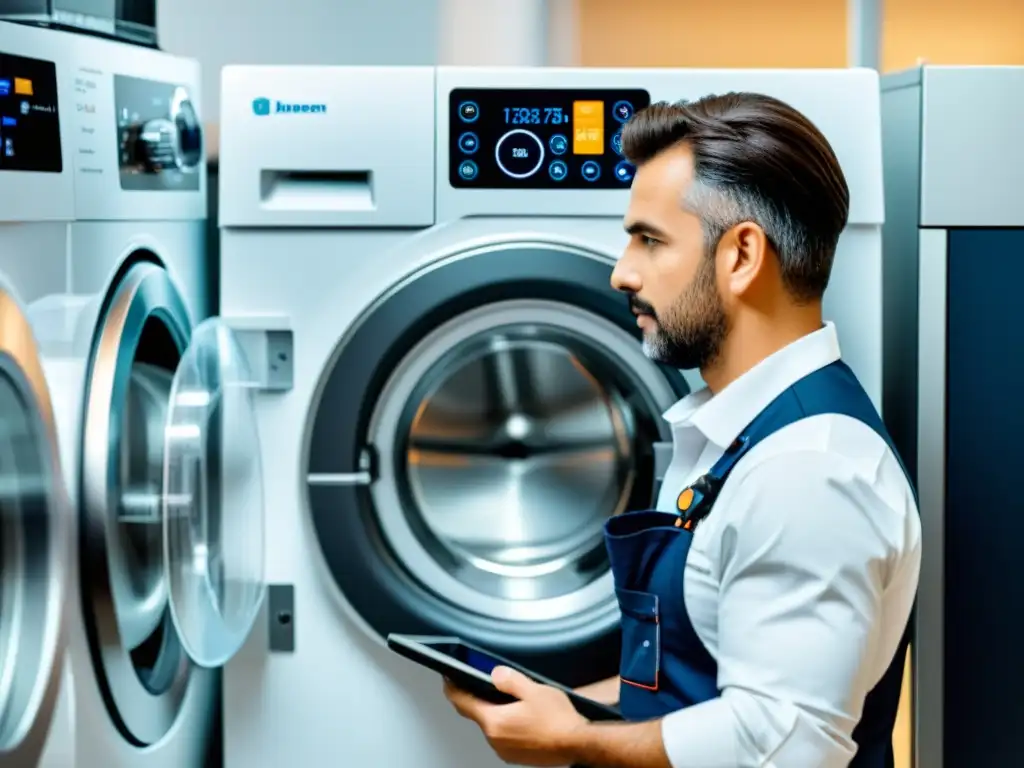 Técnico en Electrodomésticos Realizando Mantenimiento Predictivo con Tecnología Avanzada Un técnico de electrodomésticos realiza mantenimiento predictivo con tecnología AI, mostrando expertise y confiabilidad