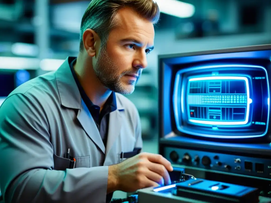 Un técnico experto en una tienda moderna examina circuitos de TV