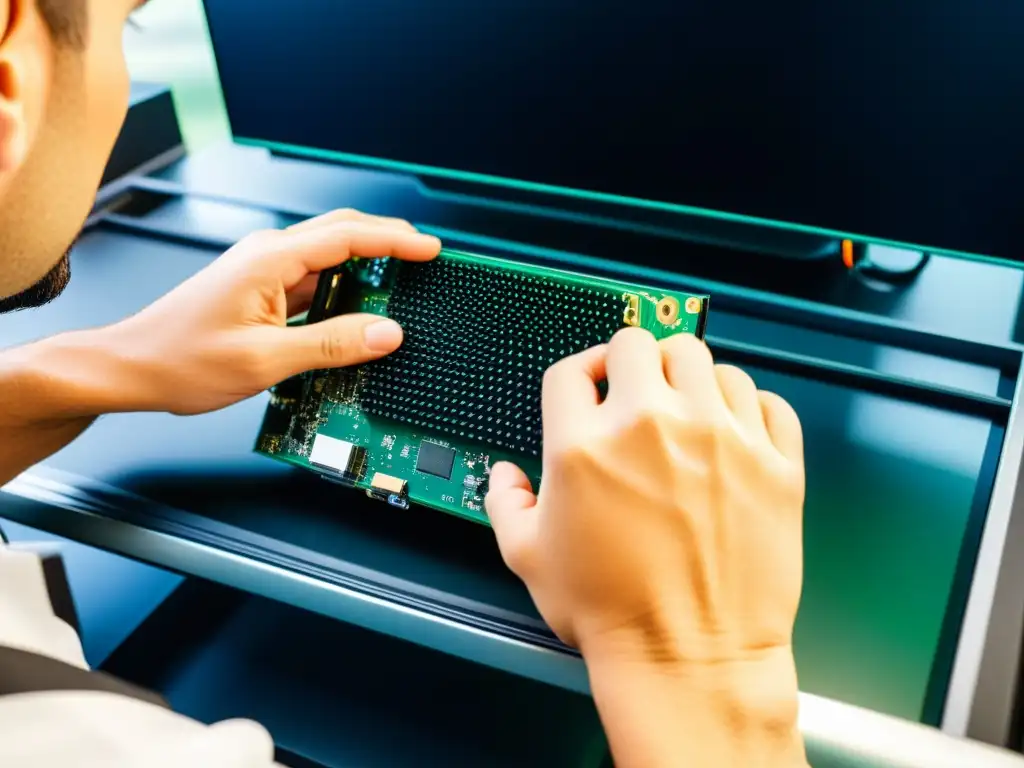 Experto en limpieza de Smart TV: detalle ultrapreciso Un técnico limpia con precisión los componentes internos de una Smart TV, destacando la importancia del cuidado y mantenimiento Smart TV