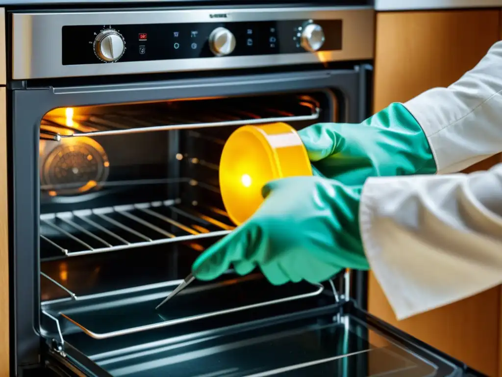Profesional desmontando horno con guantes Un técnico cambia la luz interior del horno con seguridad, mostrando profesionalismo y atención a los detalles