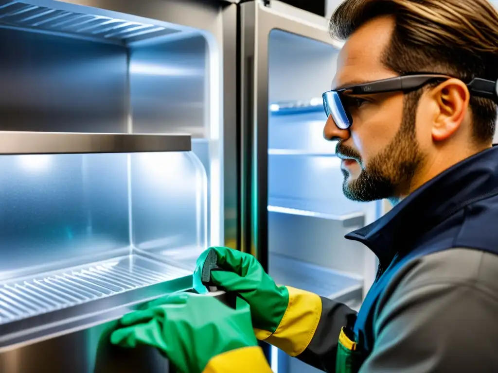Técnico experto inspecciona con precisión el congelador moderno Un técnico realiza mantenimiento preventivo en un congelador, resaltando la importancia de los consejos de mantenimiento para congeladores
